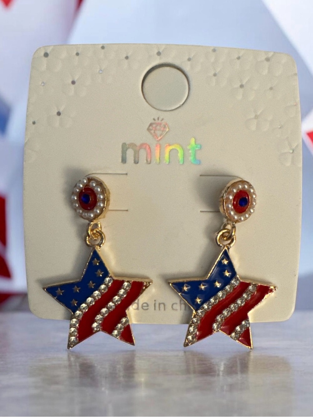 Mint Patriotic Star Drop Earrings - Blue & Red